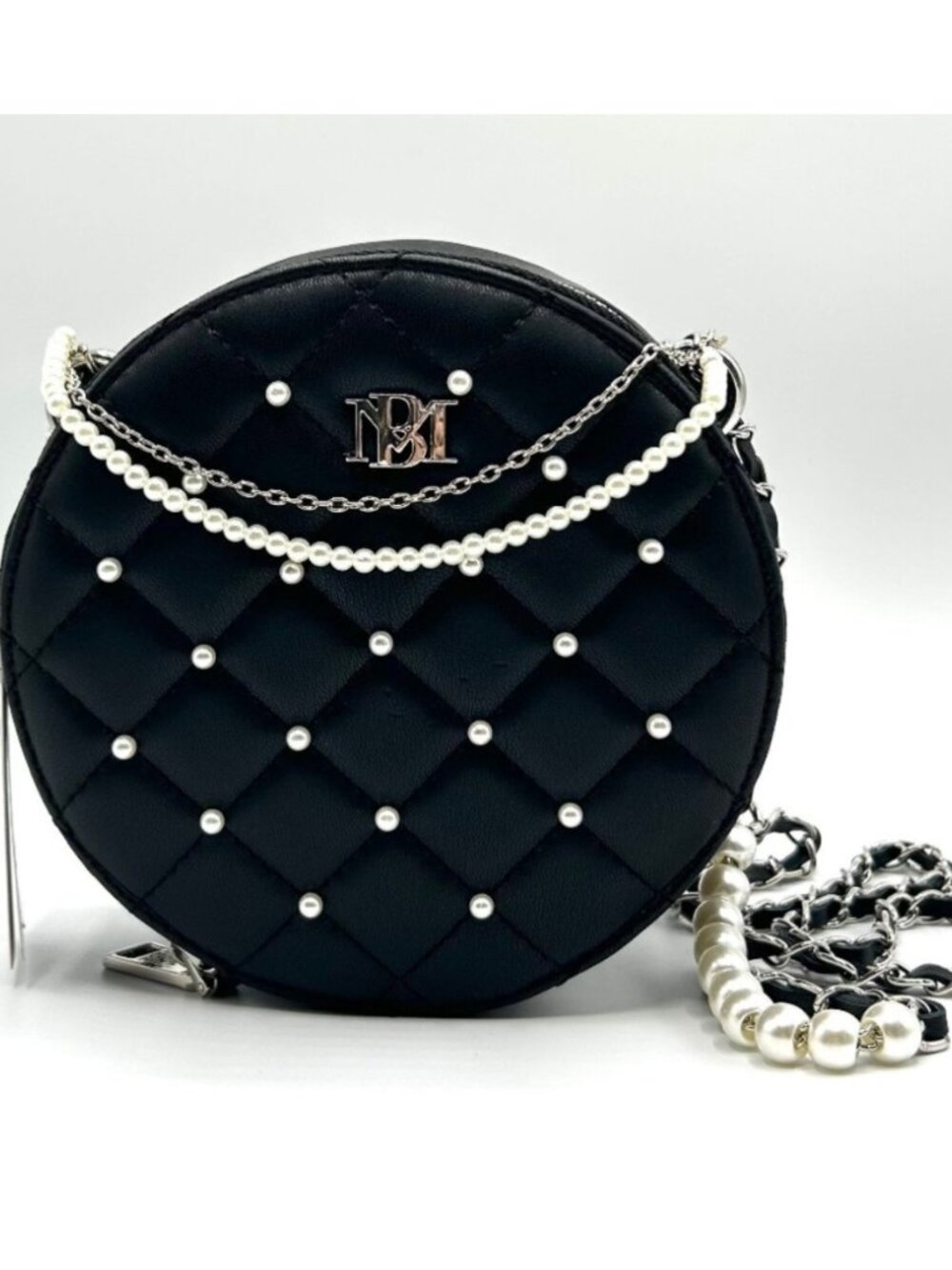 Badgley Mischka BM-4140 Black Quilted Pearl Round Crossbody Bag NWT